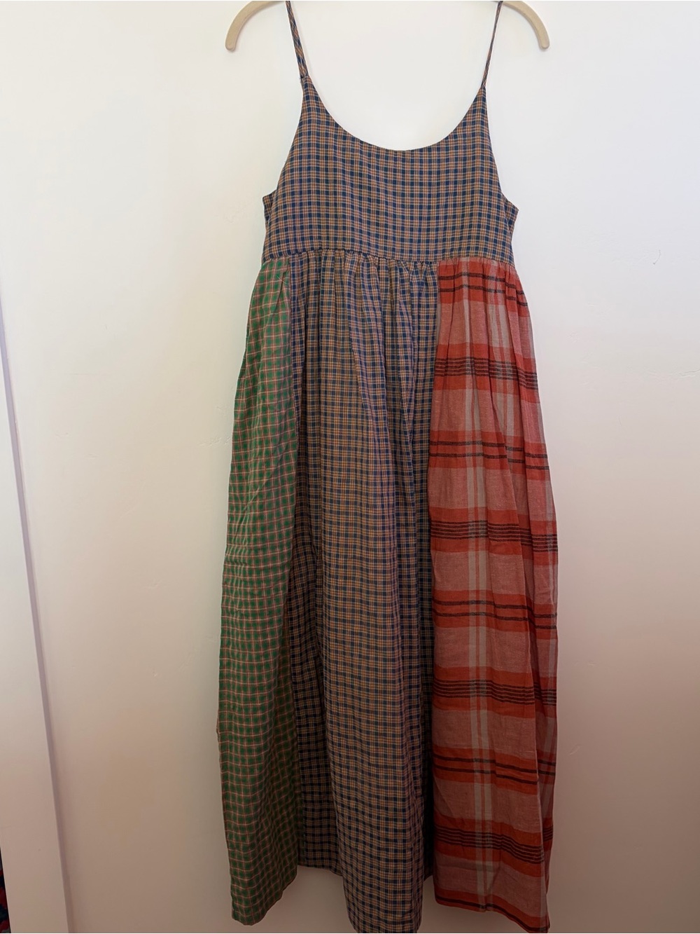 Patchwork Plaid Maxi Dress with Spaghetti Straps - Green, Blue & Red